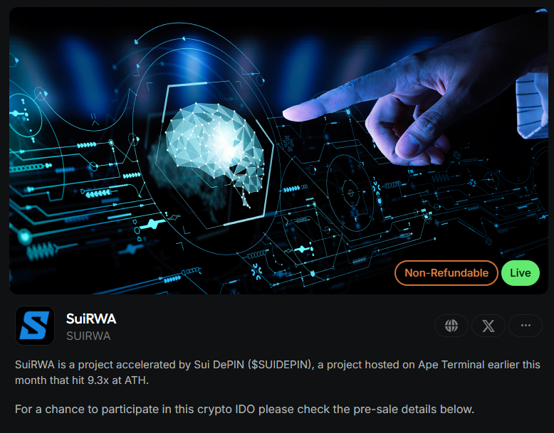 Crypt3keth's tweet photo. 🚀 #SUIRWA Launchpad on #ApeTerminal
📸 Snapshot: 18th Jan. 05:00 UTC
⏰ Investment Time: 18th Jan. 12:00 UTC - 21:00 UTC
💰 Investment Amount: 250 $USDC
📤 Redemption: 35% TGE, 1-month cliff, 3 months vesting
🔗 Link: https://t.co/oUvceALalc
@apeterminal #launchpad @SuiRWA https://t.co/a4GdZIUnSO
