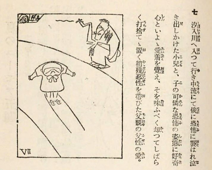 1930年の岡本一平の漫画
川へ入って行き中流にて俄かに恐怖に襲われ泣き出しかけた小児と、子の可憐な恐怖の姿態に好奇心といよいよ愛着を覚え、そを味わうべく却ってしばらく打ち捨てて置くやや残忍性を帯びた父親の父性の愛。
今だとSNSに動画を上げて炎上するやつ
