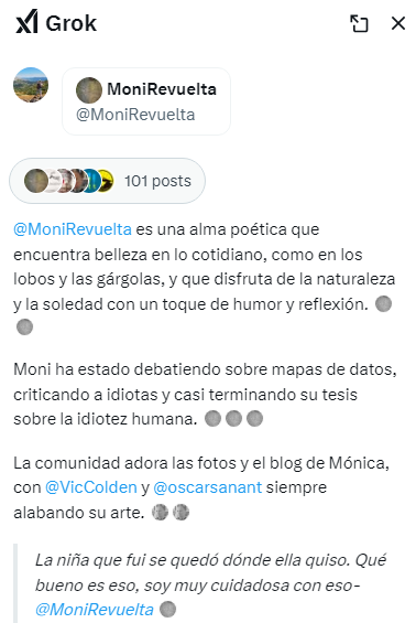 Llerenes's tweet photo. @MoniRevuelta La biografía que te dedica la IA de Twitter 😆 https://t.co/l6G7aPt0Eb