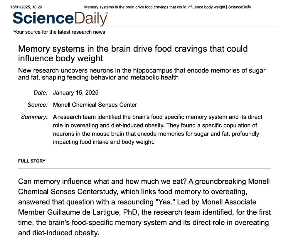 Explore this fascinating study by the Monell Chemical Senses Center, which reveals a groundbreaking connection between our brain’s memory systems and food cravings, especially for #sugar and #fat . 
sciencedaily.com/releases/2025/…