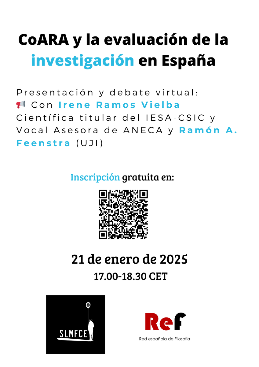 R_Feenstra's tweet photo. La semana que viene tenemos nuevo evento de la @REF_Filosofia y @solofici con la participación Irene Ramos (@ANECAinfo) en el que se trata un tema de máxima actualidad❗️ 

Se agradece máxima difusión. 
#COARA #investigación

Más info: 👉https://t.co/E3b6eRzWfb https://t.co/4uRFUiLtGx