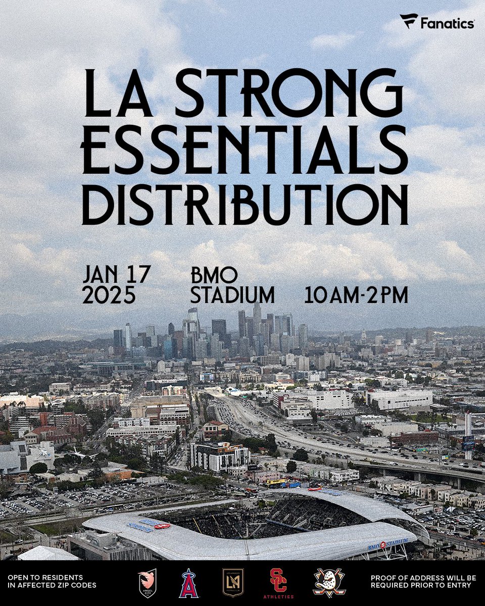 📢 Calling those affected by LA wildfires.

Essential items, food and clothing will be distributed <a href="/BMOStadium/">BMO Stadium</a>.

📆 Friday, Jan 17
⏰ 10 AM - 2 PM

LA Sports, Stronger Together.

#LAStrong