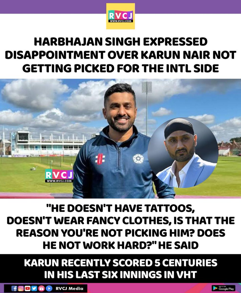 RVCJ_FB's tweet photo. Harbhajan Singh on Karun Nair's selection... https://t.co/2vSp43ud77