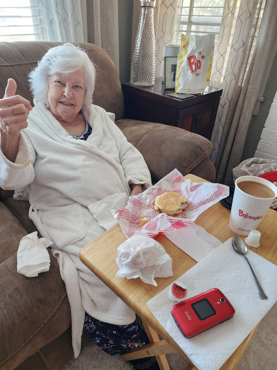 When it's your 88th birthday, you start out celebrating with your fav-o-rite breakfast!!! Country ham biscuit, plain biscuit and coffee from her favorite place <a href="/Bojangles/">Bojangles</a>  🎉🎉🎉 Happy Birthday Mom! Getting her special day started now!