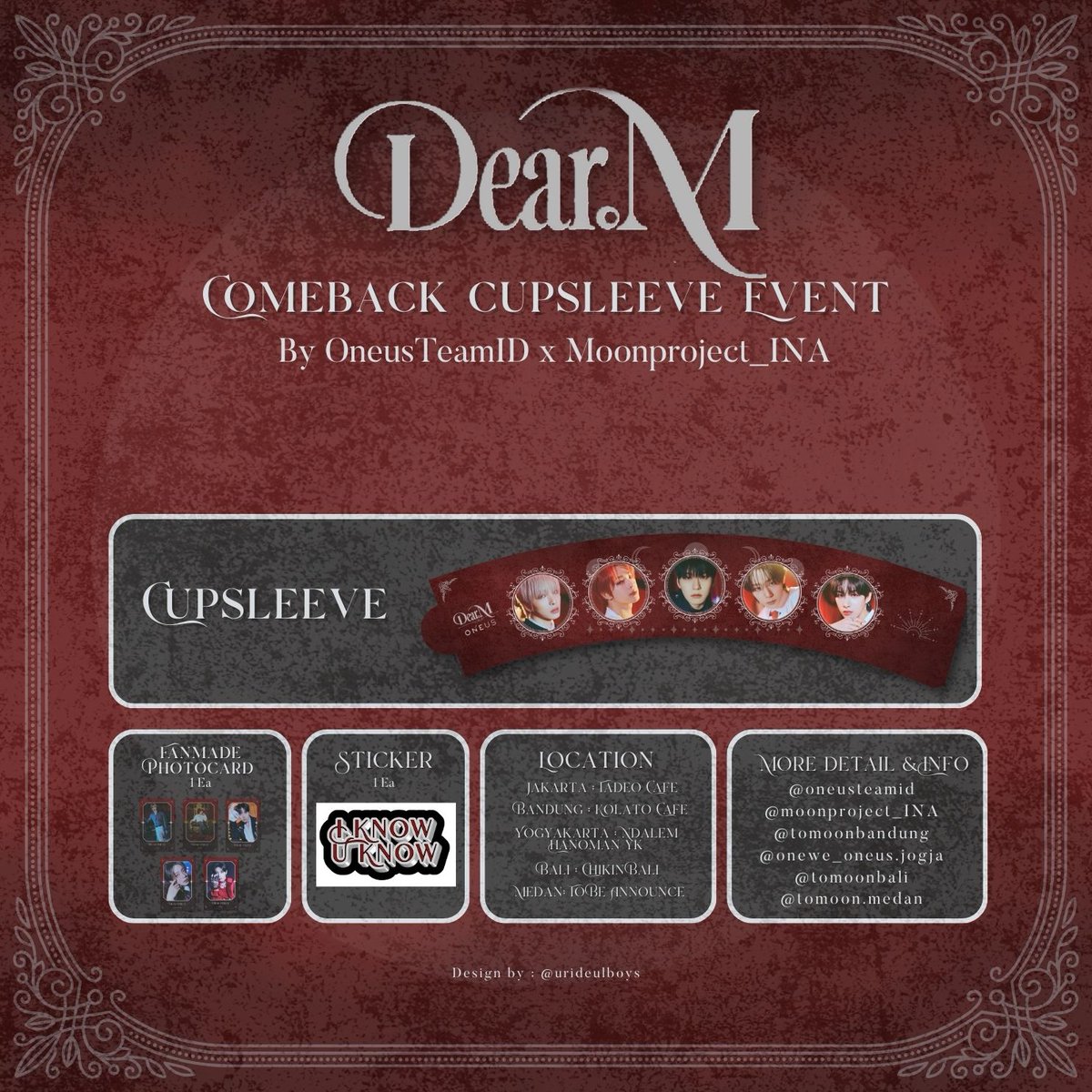 moonproject_ina's tweet photo. [𝓓𝓮𝓪𝓻.𝓜 𝓒𝓸𝓶𝓮𝓫𝓪𝓬𝓴 𝓟𝓻𝓸𝓳𝓮𝓬𝓽]
Comeback Cupsleeve Event by oneusteamid x moonproject_ina

DeartoMoon, kita berburu Dear.M Cupsleeve, tersedia di 5 kota loh... 
Siap-siap digigit vampir❤🧛🏻

➰Jakarta
➰Bandung
➰Jogja
➰Bali
➰Medan

#ONEUS #원어스 #Dear_M #IKUK https://t.co/S1GhbaCw9K