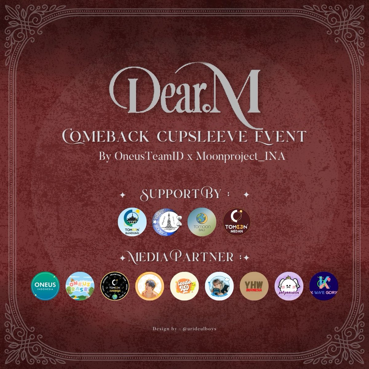 moonproject_ina's tweet photo. [𝓓𝓮𝓪𝓻.𝓜 𝓒𝓸𝓶𝓮𝓫𝓪𝓬𝓴 𝓟𝓻𝓸𝓳𝓮𝓬𝓽]
Comeback Cupsleeve Event by oneusteamid x moonproject_ina

DeartoMoon, kita berburu Dear.M Cupsleeve, tersedia di 5 kota loh... 
Siap-siap digigit vampir❤🧛🏻

➰Jakarta
➰Bandung
➰Jogja
➰Bali
➰Medan

#ONEUS #원어스 #Dear_M #IKUK https://t.co/S1GhbaCw9K