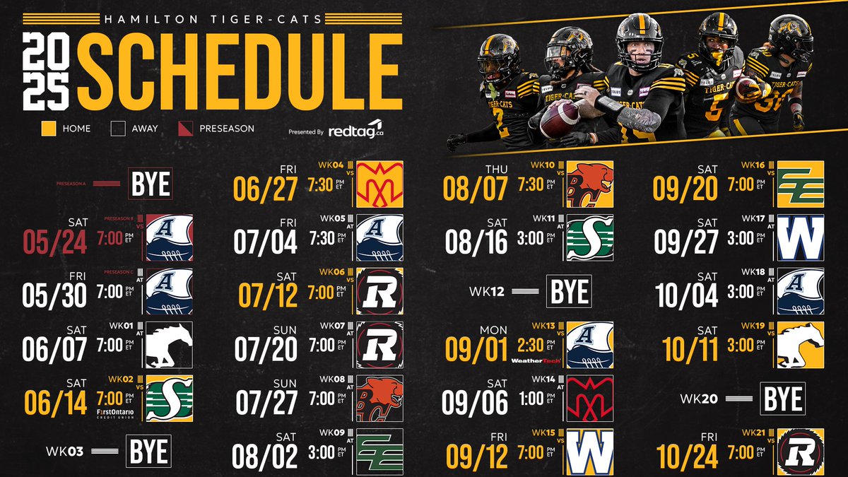 Eyes on 2025 🙌

Your full Hamilton Tiger-Cats schedule, presented by <a href="/redtagca/">redtag.ca</a>!

Tag someone in the comments who you're bringing to a game this season ⬇️
🔗 | ticats.ca/2025schedulere…