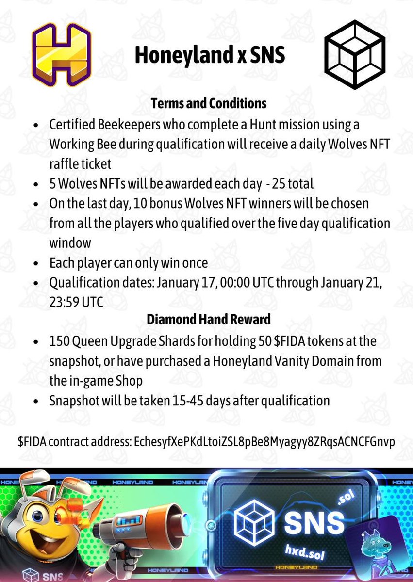 HoneylandHQ's tweet photo. 🐝 Honeyland x SNS is Here! 🐺

🎁 Win Wolves NFTs:
Complete Hunts with a Working Bee Jan 17–21.
Daily &amp; Bonus Winners!

💎 Diamond Hands:
Hold 50 $FIDA or a Vanity Domain for 150 Queen Shards.
🔥 Don’t miss out! Zzub Zzub! 🐝 https://t.co/oHfbZ7t1HK https://t.co/pbRoF7QN8w