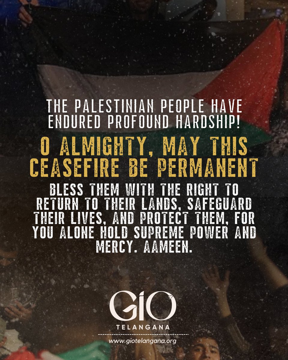 The Palestinian people have endured profound hardship. May peace prevail permanently. Praying for justice, mercy, and the right to return for those affected. Aameen.🤲🏻

#CeasefireNow #FreePalestine  #JusticeForPalestine #PrayForPeace #EndTheViolence #StandWithPalestine