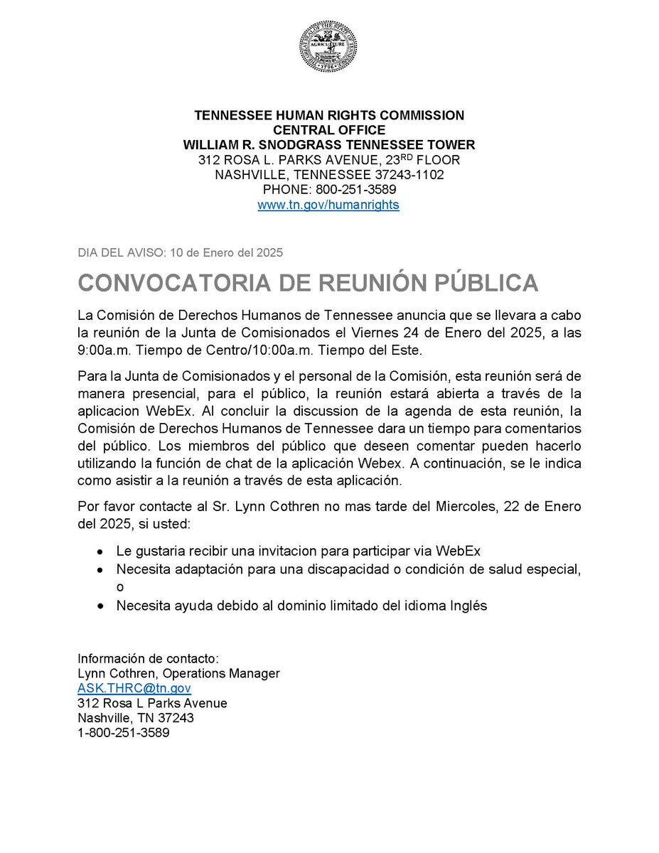 The Commission will host our upcoming Board of Commissioners meeting next Friday, January 24th via Webex. To request attendance or to learn more information, please visit: tn.gov/humanrights/ev…
