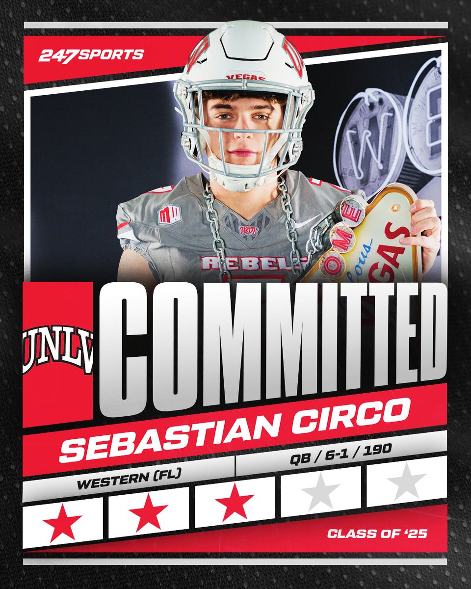 Tom Loy (@tomloy247) on Twitter photo BREAKING: Class of 2025 quarterback Sebastian Circo has committed to <a href="/unlvfootball/">UNLV Football</a>.
The All-Broward selection and team captain threw for 2,100 yards, 19 TDs, and only 2 INTs this fall.
He's fired up to be a Rebel.
Story: 247sports.com/article/qb-seb…
<a href="/SebastianCirco/">Sebastian Circo</a>
<a href="/247Sports/">247Sports</a> BREAKING: Class of 2025 quarterback Sebastian Circo has committed to <a href="/unlvfootball/">UNLV Football</a>.
The All-Broward selection and team captain threw for 2,100 yards, 19 TDs, and only 2 INTs this fall.
He's fired up to be a Rebel.
Story: 247sports.com/article/qb-seb…
<a href="/SebastianCirco/">Sebastian Circo</a>
<a href="/247Sports/">247Sports</a>