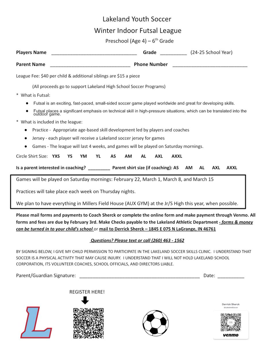 Lakeland Youth Futsal form is going home with kids this week.  Online registration is now open.  We are excited to get year 4 started! 

docs.google.com/forms/d/e/1FAI…
