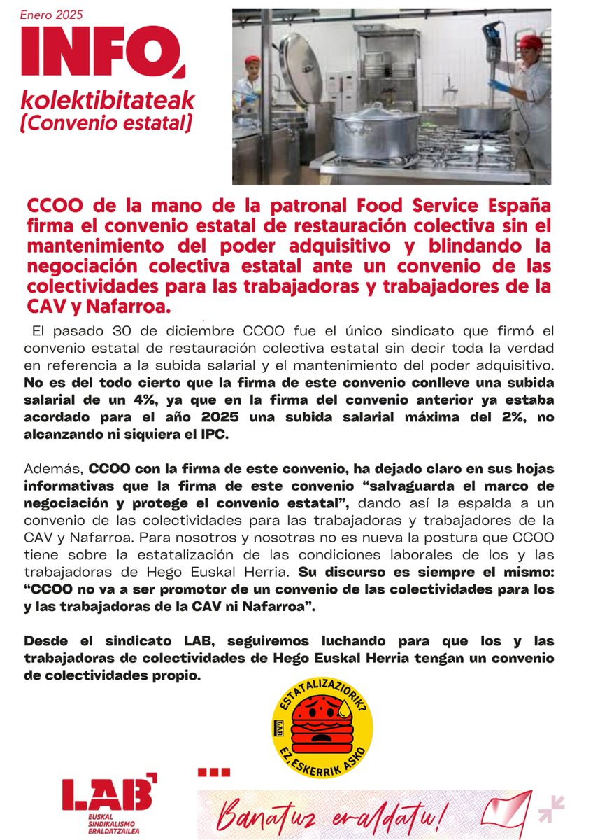 CCOO-en jarrerak argi uzten digu zein den bere postura.

Izan ere, hitzarmen estatala sinatu du, Nafaroan negoziatzeari uko egiten dion bitartean. 

LABek argi du, HEMEN LAN EGIN, HEMEN ERABAKI!