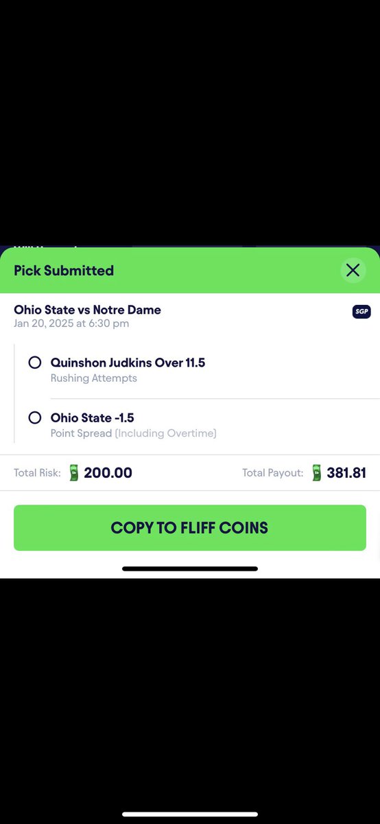 CFB championship Fliff play 💰

FD is @ 14.5 rush attempts for Judkins, the <a href="/DataWiseBets/">DataWise</a> discord hammered this earlier today💪🏽 2 units -110🙏🏼