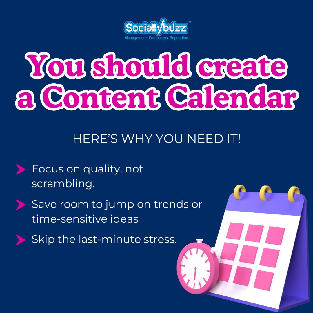 Sociallybuzz's tweet photo. A content calendar is your secret weapon for staying organized and consistent.

It lets you plan ahead, stay creative, and avoid that "what do I post today?" panic.

Not sure where to start? No worries, we can help you create one that works for your business. 

Send us a message! https://t.co/HM8OhD0HFs