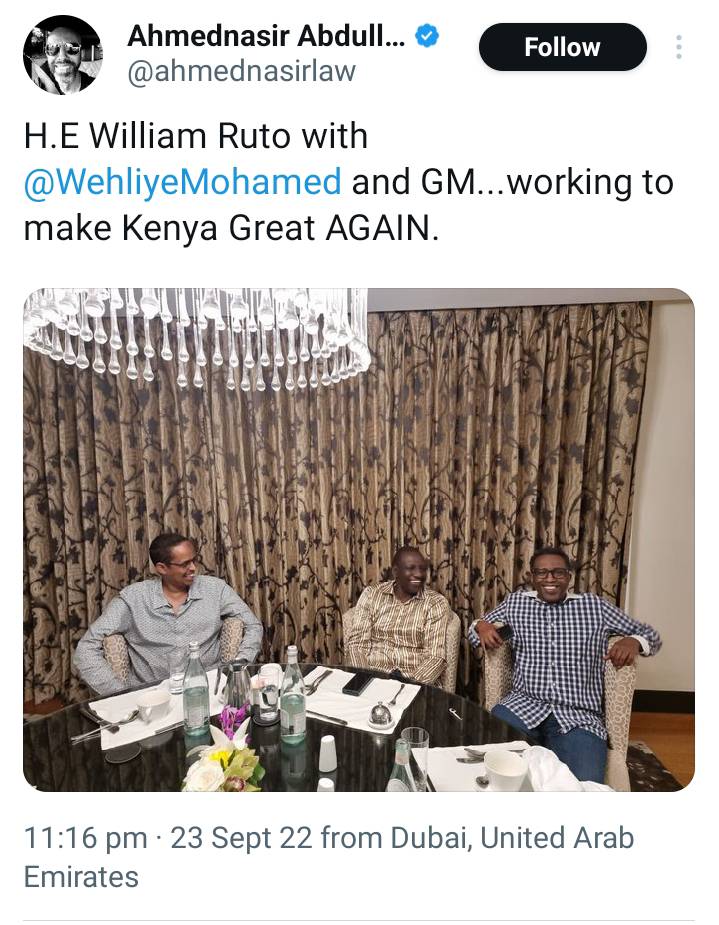 AokoOtieno_'s tweet photo. In 2013, two Iranians were handed a Life sentence by Kenyan court 

These were not average Iranians  selling Persian carpets in Tehran before they flew to Kenya, 

They were members of Qods, Iran's special Forces Unit and they entered our borders with tonnes of explosives! 

Their targets were Nairobi and Mombasa. Thousands would have died. 

In 2014, Iran sent an operative to rescue them, disguised as a Diplomat. 

Interpol quickly alerted Uhuru (Kenya) and ploy was thwarted (Frame 2)

Meanwhile, the two were bribing our compromised Judiciary which reduced their sentence from Life to 15 years 

They were serving this sentence in Kamiti and by the time Chebukati announced Kasongo, they had FIVE years left 

Supreme court upheld Ruto's win on 5th Sep, 2022. FOUR days later, the terrorists were mysteriously released from Kamiti 

That was 9th. 

Frame 3- On 23rd, two weeks later, Kasongo was with Subreme Goat in Dubai (Making Kenya Great Again) 

In what capacity or service to the Nation is he and Wehliye making Kenya Great Again?  How did they all end up in Dubai? 

Was it to pick Iran's Appreciation Fee? Akili kichwani...