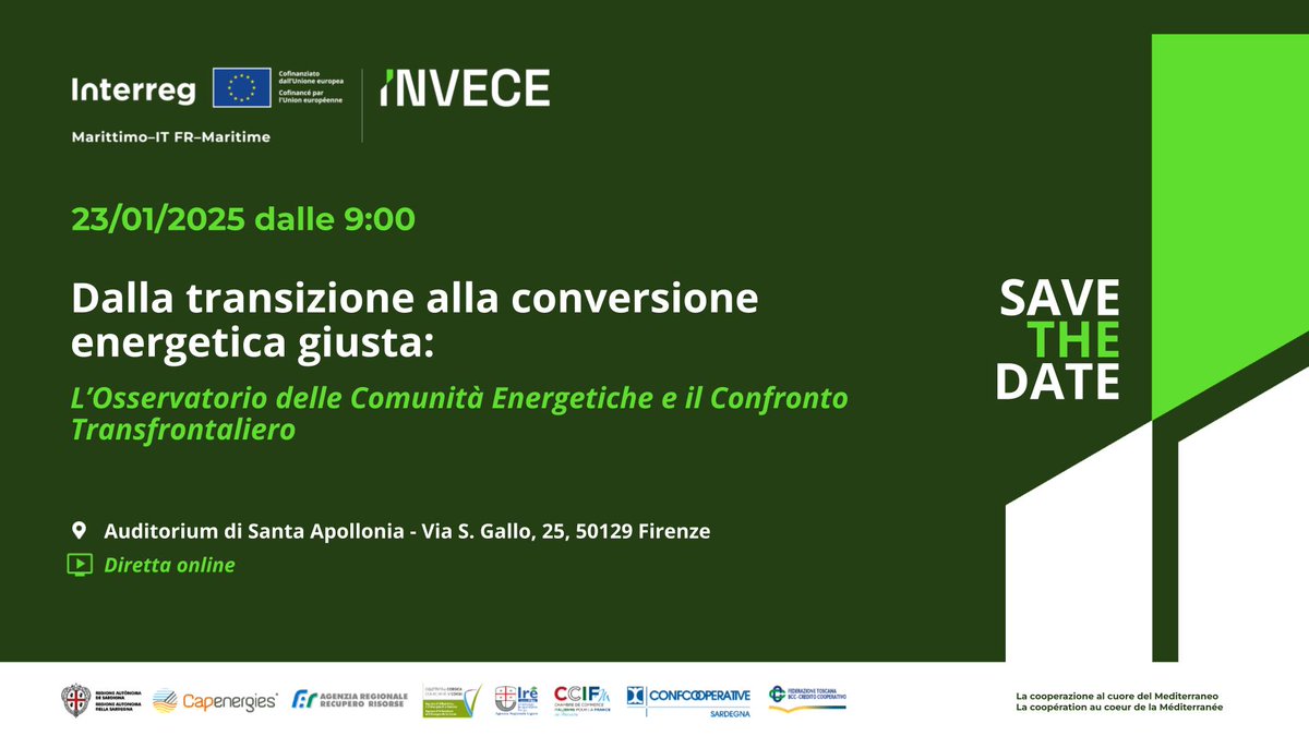 Il 23 gennaio prossimo a Firenze, Confcooperative Sardegna parteciperà all'evento "Dalla transizione alla conversione energetica giusta", come partner del progetto INVECE. Ulteriori informazioni al link: interreg-marittimo.eu/web/invece/-/e…
