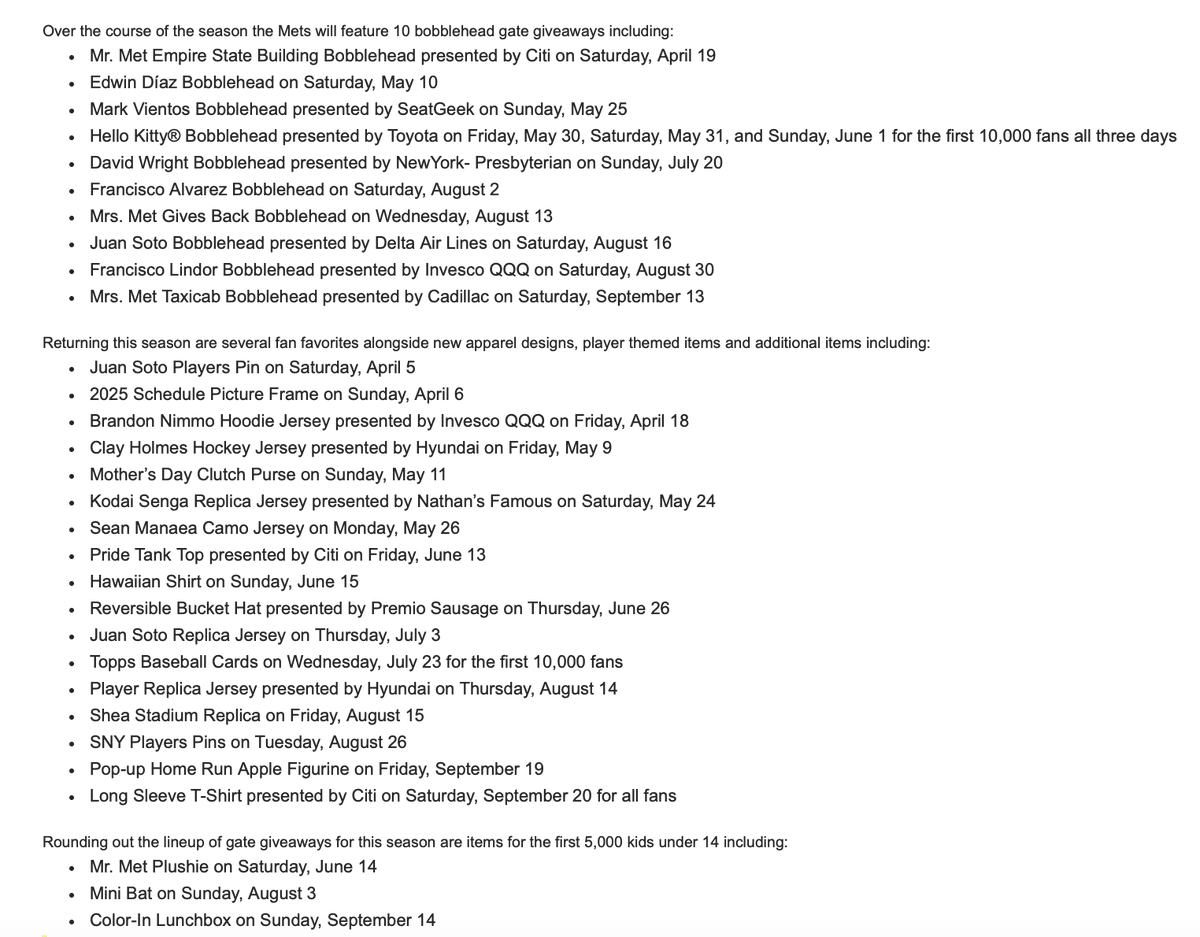 The7Line's tweet photo. If ya didn't already see this posted, here is the @Mets giveaway schedule for 2025! A ton of great ones on here. @CitiField https://t.co/tTNmWqvrjC