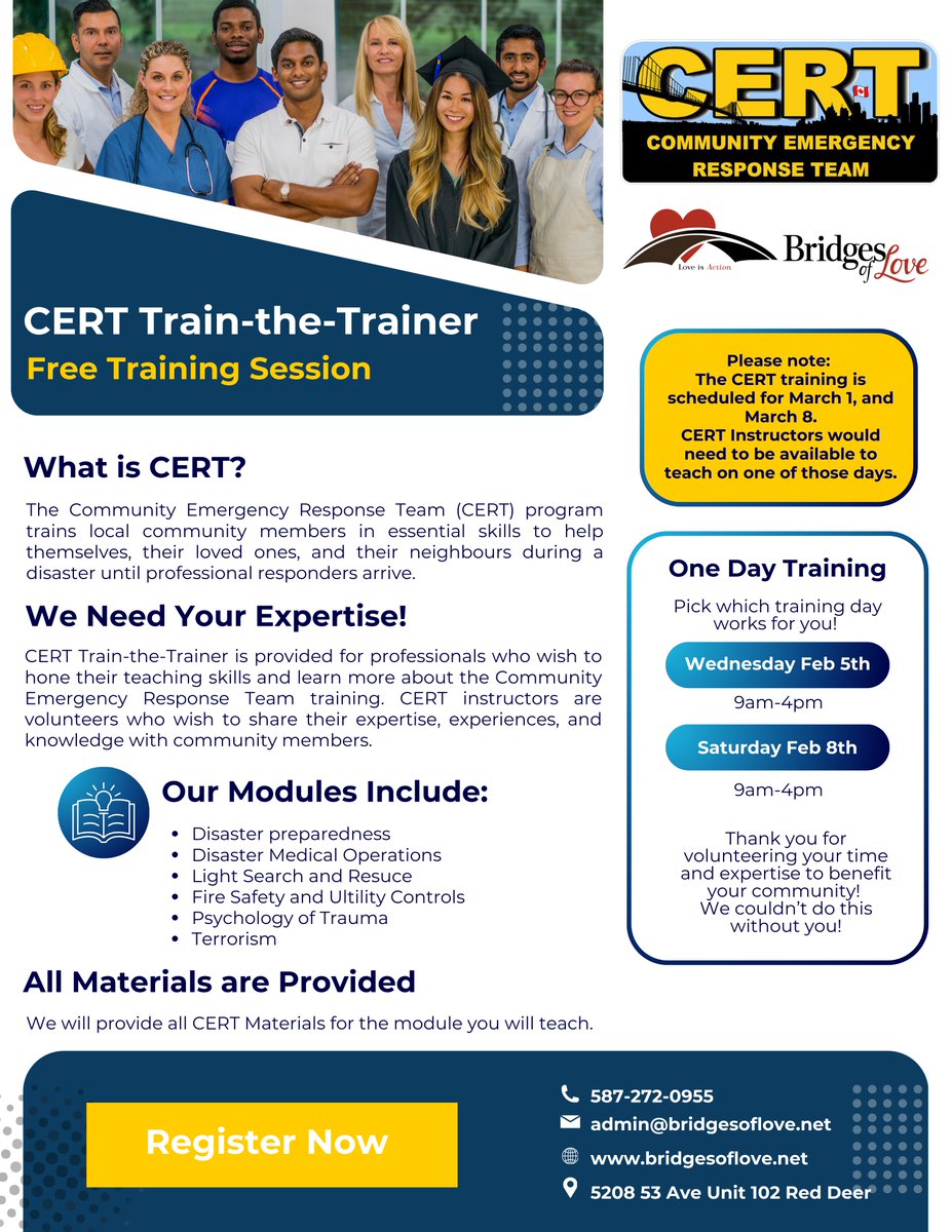 Bridges__Love's tweet photo. Train the Trainers- CERT (Community Emergency Response Team)🌟 FREE Training Session 🌟
One Day Training
Pick which training day works for you!
📅 Wednesday, Feb 5th 9am-4pm
📅 Saturday, Feb 8th 9am-4pm
https://t.co/KGidyoEY8K
Thank you for volunteering your time and expertise 💙 https://t.co/YnbbmrQ6L8