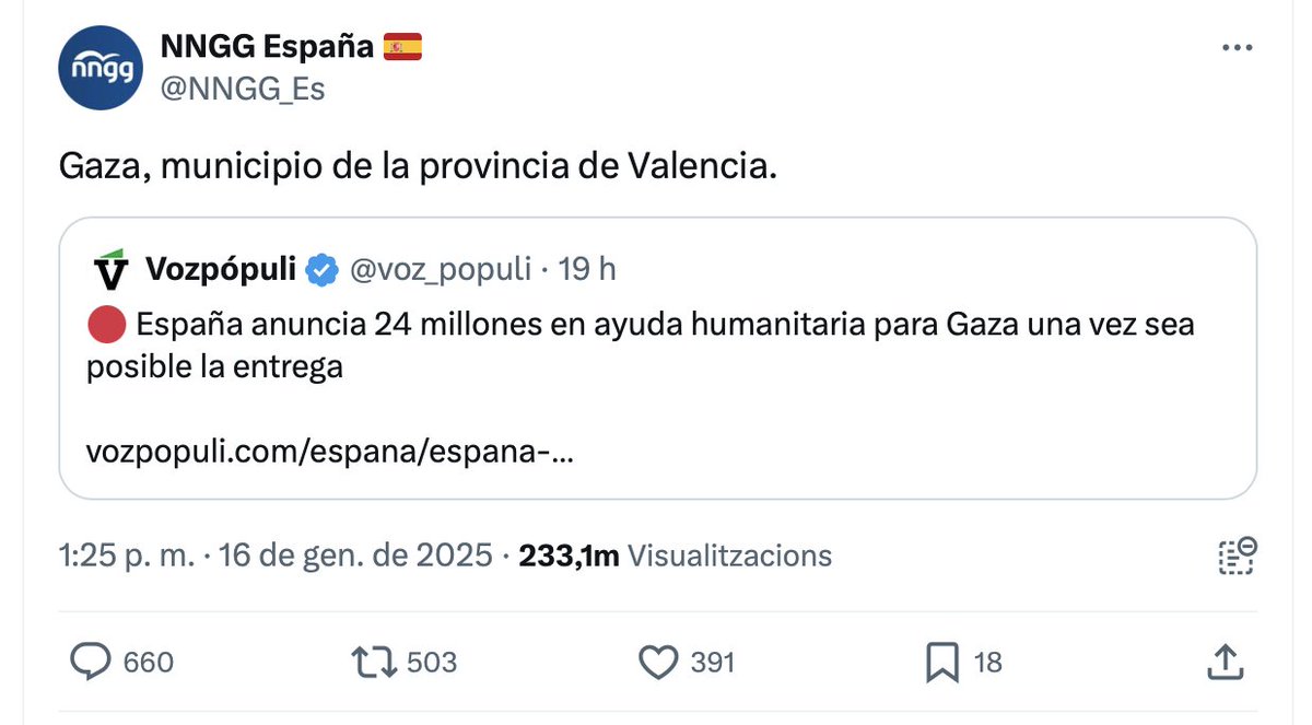 MiquelReal's tweet photo. Diu @NNGG_Es que Gaza és un municipi de la província de València.
I ells són d'una misèria moral difícilment superable.
Ni els importen els 224 valencians morts en la DANA ni els més de 45.000 palestins assassinats (la majoria dones i xiquets) a Gaza. https://t.co/TuwNmhb7jA