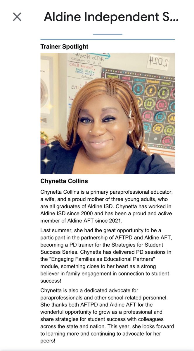 What a blessing and an honor! 🙌🏾 Grateful to be highlighted in the TX AFT Bridges Institute January Newsletter! “Trainer Spotlight!” Thanks to <a href="/AldineISD/">Aldine ISD</a> <a href="/AldineAFT6345/">Aldine AFT 6345</a> <a href="/CHouston11/">Candis Houston</a> <a href="/SarahElwellDC/">Sarah Elwell</a> Claudia Morales