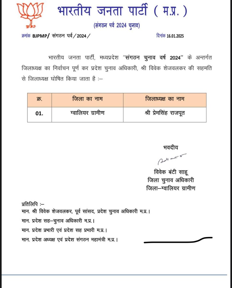 BJP4MP's tweet photo. भाजपा संगठन पर्व-2024 के तहत सम्पन्न जिला अध्यक्ष निर्वाचन प्रक्रिया के उपरान्त पांढुर्ना, खरगौन, ग्वालियर ग्रामीण एवं सीहोर में जिला अध्यक्ष सर्व सम्मति से निर्वाचित किया जाता है। 

#SangthanParv https://t.co/VtL8DBeg3x