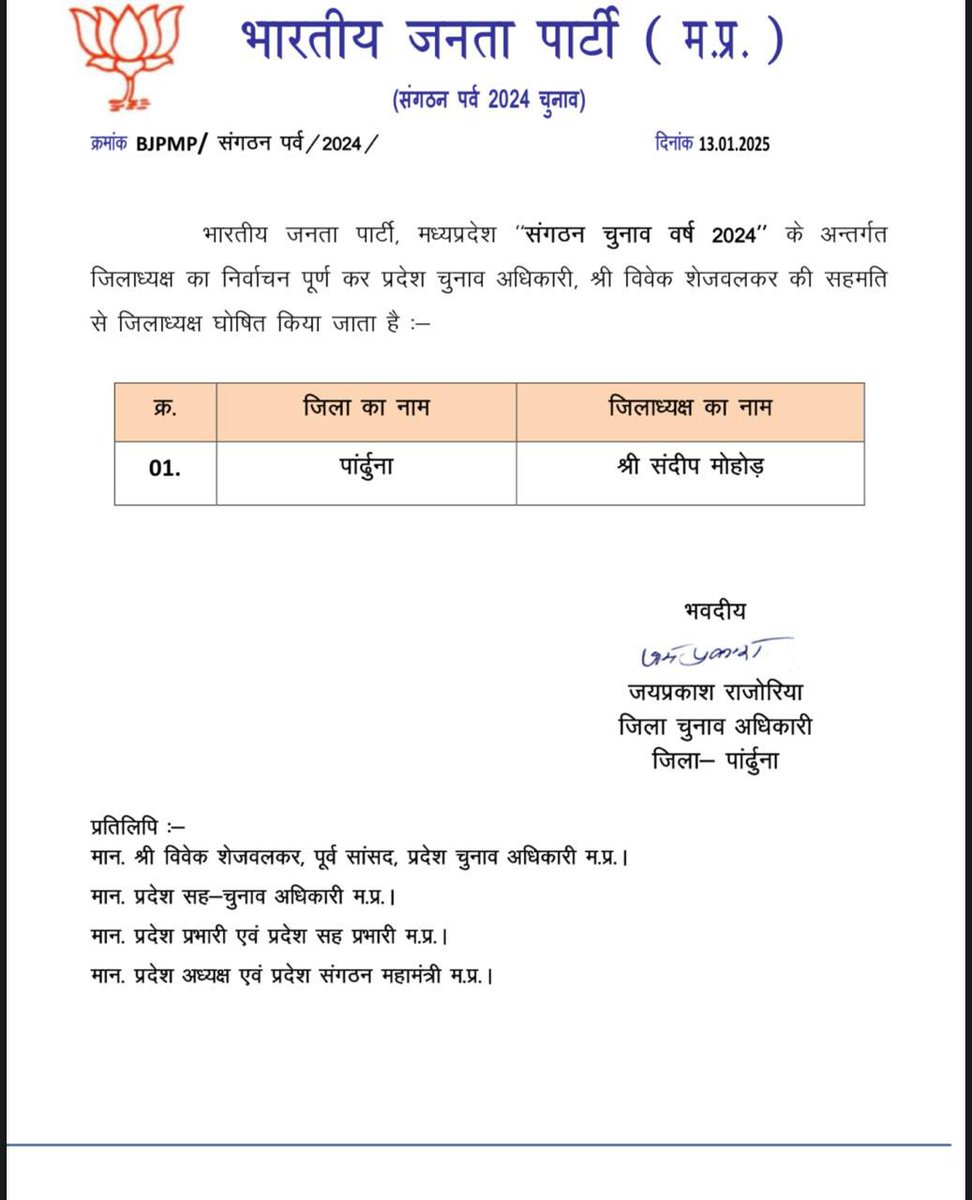 BJP4MP's tweet photo. भाजपा संगठन पर्व-2024 के तहत सम्पन्न जिला अध्यक्ष निर्वाचन प्रक्रिया के उपरान्त पांढुर्ना, खरगौन, ग्वालियर ग्रामीण एवं सीहोर में जिला अध्यक्ष सर्व सम्मति से निर्वाचित किया जाता है। 

#SangthanParv https://t.co/VtL8DBeg3x