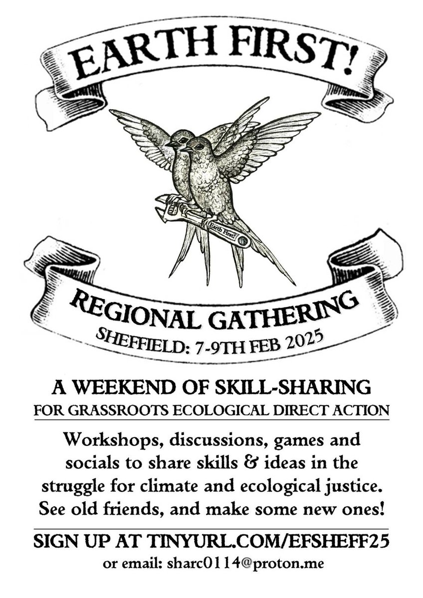 Sheffield Radical Pride ๐ณ๏ธโ๐๐ณ๏ธโโง๏ธ (@sheffradpride) on Twitter photo ๐ ๏ธ๐ณ Earth First! Regional Gathering in Sheffield 7-9th Feb
๐ฅ Come join us for a weekend of movement building and friend-making! ๐ฅ
โ๏ธ Sign up at tinyurl.com/EFsheff25 or email sharc0114@proton.me ๐ ๏ธ๐ณ Earth First! Regional Gathering in Sheffield 7-9th Feb
๐ฅ Come join us for a weekend of movement building and friend-making! ๐ฅ
โ๏ธ Sign up at tinyurl.com/EFsheff25 or email sharc0114@proton.me