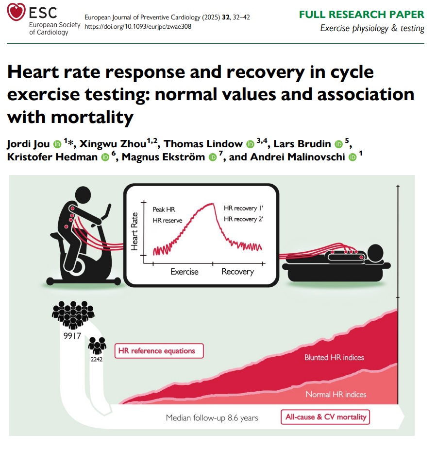 EJPCEiC's tweet photo. This study shows that all heart rate indices were age-dependent and associated with all-cause and CV mortality. 
Blunted heart rate recovery variables were the strongest predictors of all-cause mortality, even in subjects with normal exercise capacity.  https://t.co/jC6g7HqK9w https://t.co/Jt6aCblBd2