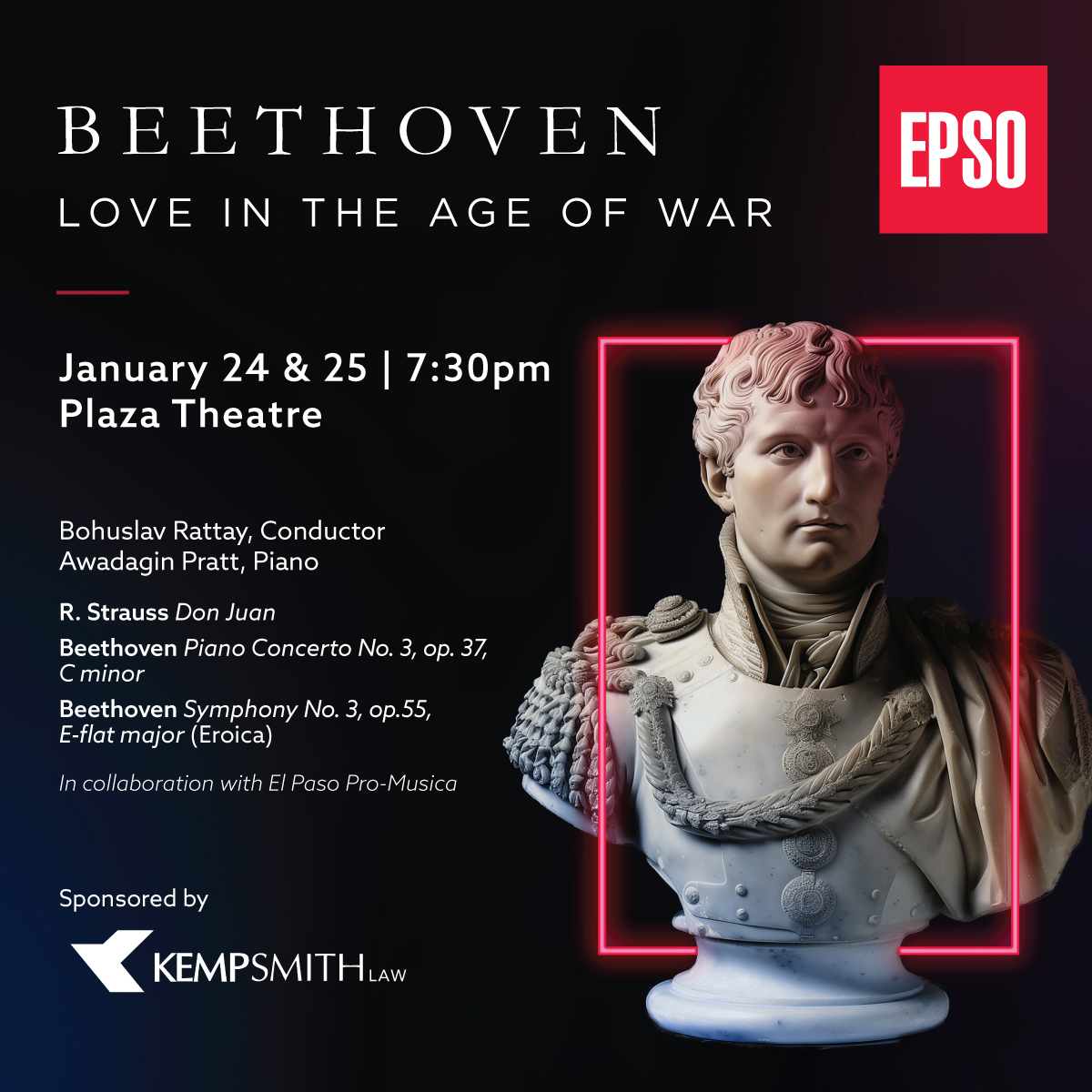 EPSymphony Orchestra (@epsymphony) on Twitter photo Join the El Paso Symphony Orchestra for an evening of Beethoven’s greatest works—Piano Concerto No. 3 and Eroica Symphony. Feel the music’s intensity as conductor Bohuslav Rattay leads a thrilling performance.
Get your tickets, bit.ly/4h09KoZ Join the El Paso Symphony Orchestra for an evening of Beethoven’s greatest works—Piano Concerto No. 3 and Eroica Symphony. Feel the music’s intensity as conductor Bohuslav Rattay leads a thrilling performance.
Get your tickets, bit.ly/4h09KoZ