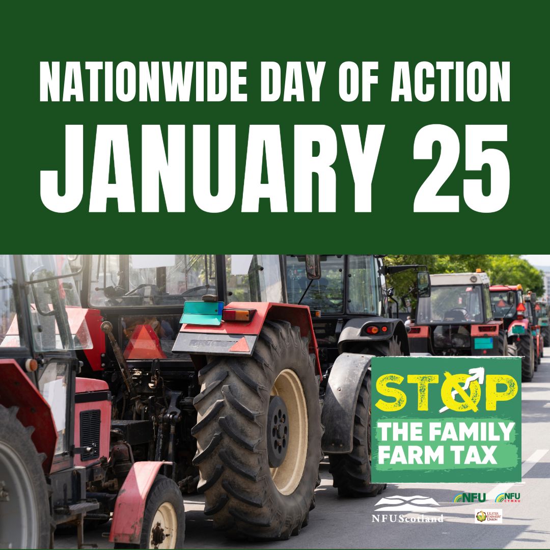 NFU Scotland joins Nationwide Day of Action for #StopTheFamilyFarmTax on January 25‼️ 

We are coordinating authorised tractor rallies in multiple regions with local politicians  invited to attend.
More info 👉 buff.ly/3YWuesr 

@NFUTweets <a href="/NFUCymru/">NFU Cymru 🚜</a> <a href="/UFUHQ/">Ulster Farmers' Union</a>