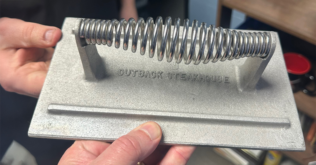 FederalMetal's tweet photo. I dare you to walk into @Outback Steakhouse and get a piece of meat that is unevenly cooked. It’s impossible. How so? Because our friends at Tampa Brass and Aluminum make the steak weights that every location uses to ensure consistent #grill contact! https://t.co/hTgiJnCmzY