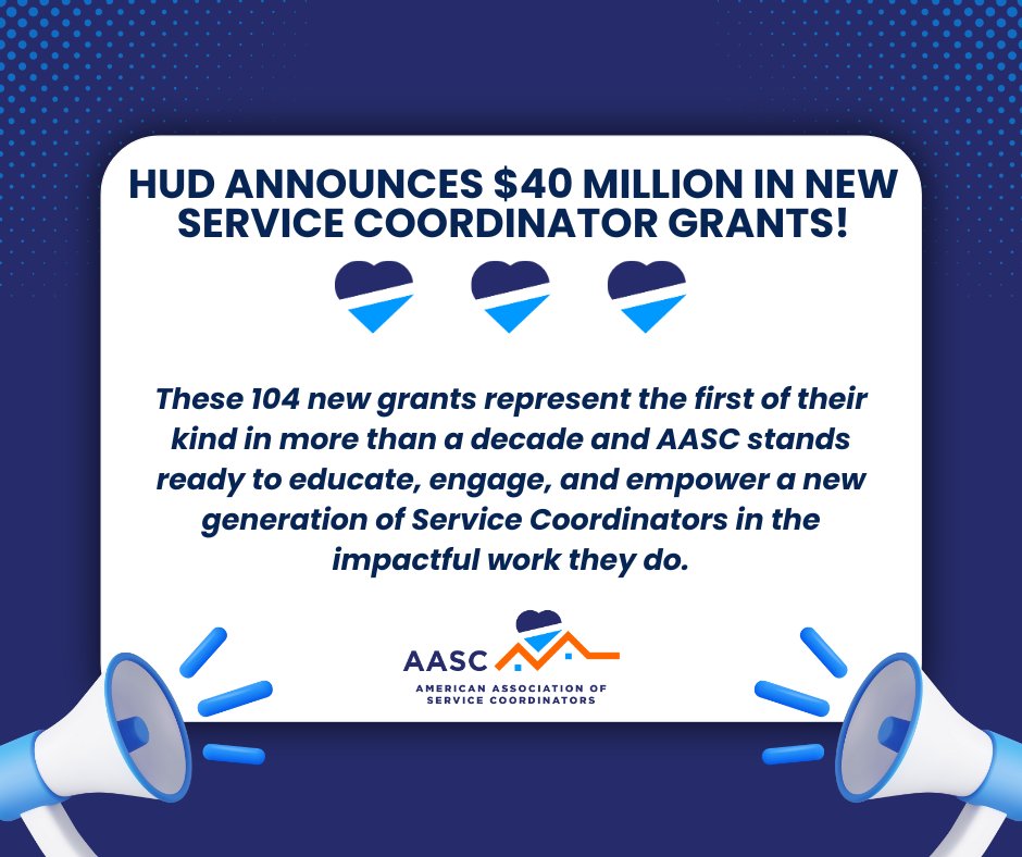 AASCServesYou's tweet photo. @HUDgov announced the awarding of $40 million in new #ServiceCoordinator funding for the first time in a decade! @AASCServesYou stands ready to #educate, #engage, &amp; #empower a new generation of SC's in the impactful work they do!

#JustAASC #SupportedAffordableHousing #HUD #Grant https://t.co/7jPc72d1eh