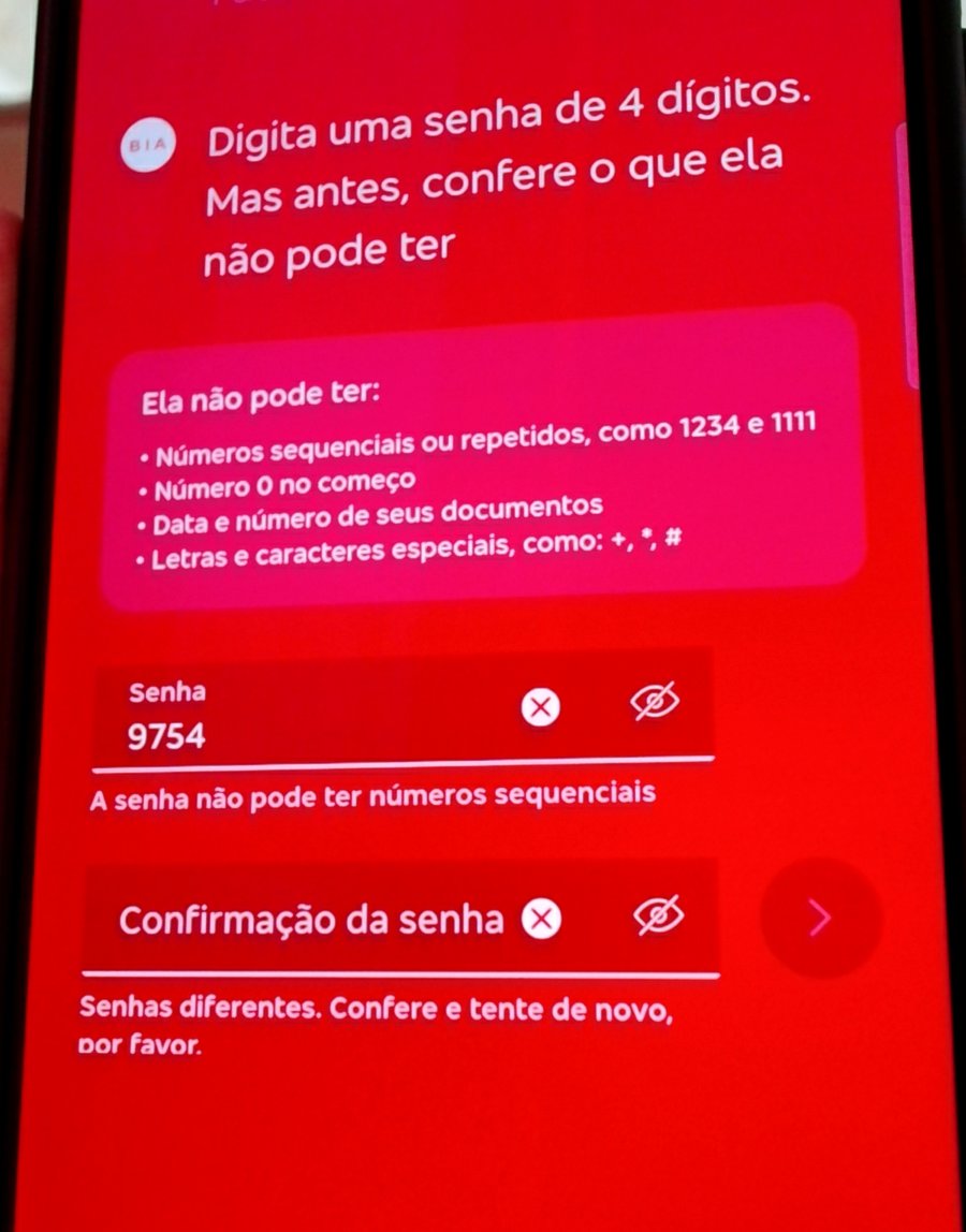 steinerkelvin's tweet photo. Tentando criar uma conta no app do @Bradesco  mas tenho um problema: ele não aceita senhas com dígitos adjacentes.

Exemplo: 9754. Ele não aceita, porque 5 = suc(4).

Contemplando aqui como que a MULA pegou o requisito "não aceitar dígitos sequênciais como 1234" e chegou nisso, e como que isso foi aprovado.

Desafio matemático: calcule em quanto caiu a quantidade de senhas possíveis e consequente a diminuição da entropia e segurança das senhas por essa burrada.

#bolhadev