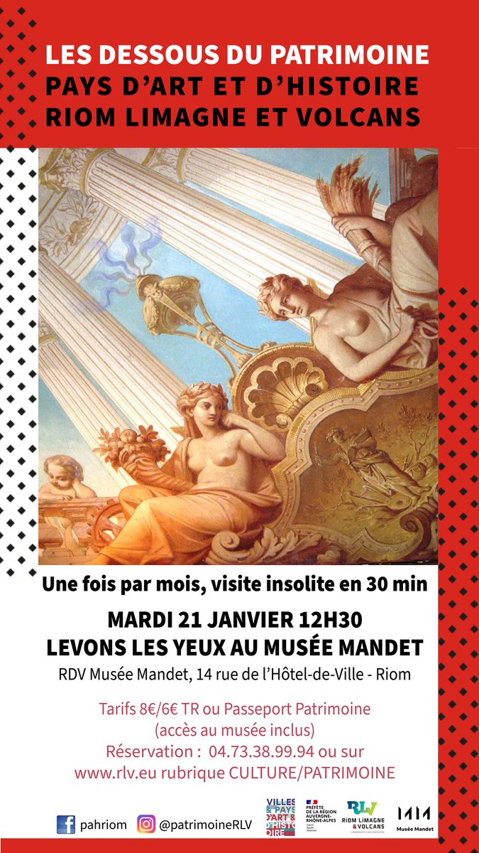 Mardi midi, j'aurai la chance de mener une visite au <a href="/museemandet/">Musée Mandet</a> de Riom autour de trois plafonds peints au XIXe siècle par l'enfant du Pays, Alphonse Cornet.

Rdv 12h30 au musée !