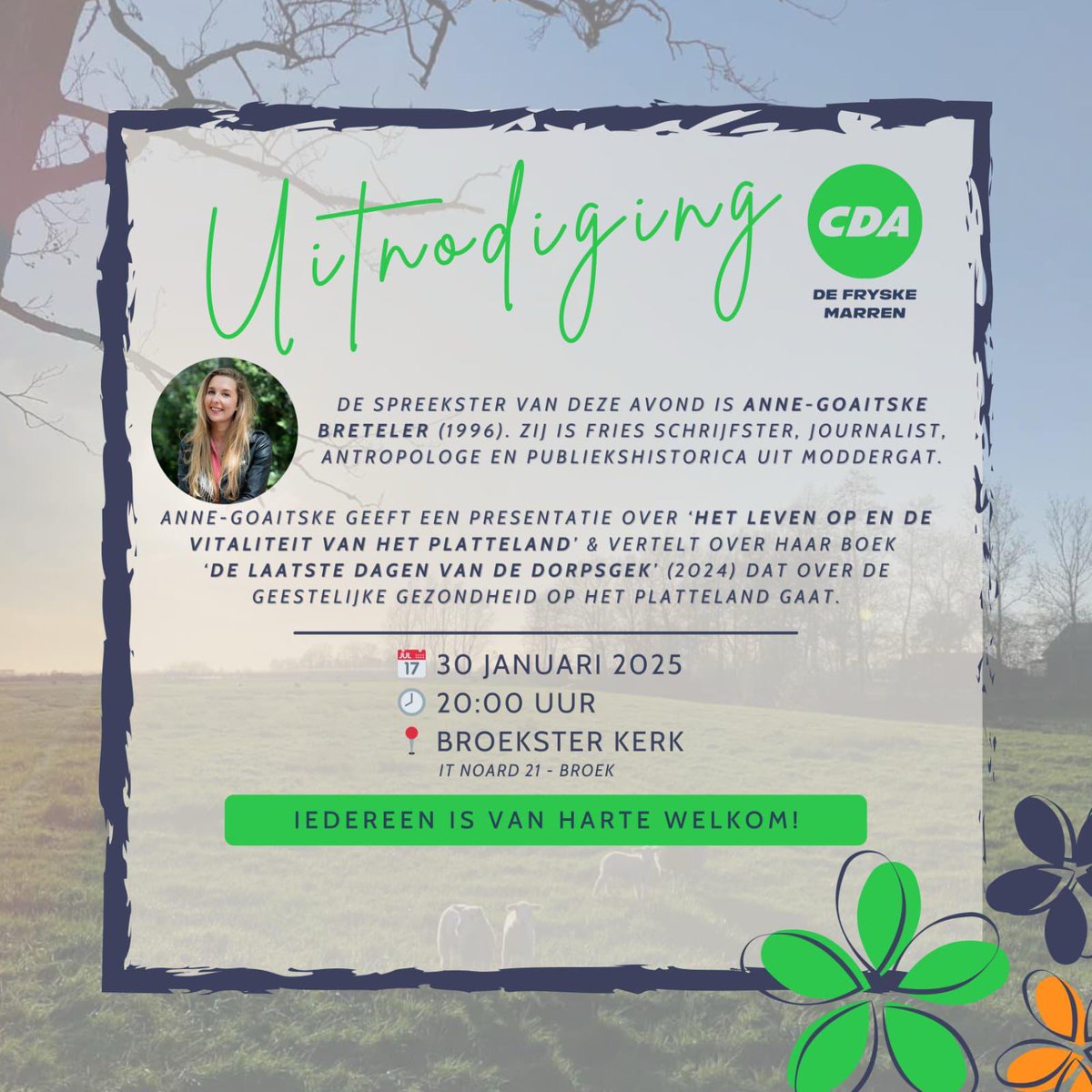 CDAdfm's tweet photo. vertelt over haar boek 'De laatste dagen van de dorpsgek' dat over de geestelijke gezondheid op het platteland gaat.

📅 donderdag 30 januari
🕗 20:00 uur
📍 Broekster Kerk https://t.co/b7TclXMKPz