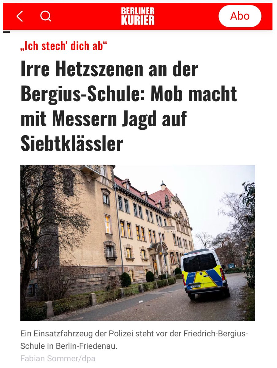 Georg_Pazderski's tweet photo. Das neue bunte Deutschland, das WIR uns NICHT gewünscht haben!

Ein Siebtklässler muss in einen Supermarkt flüchten, weil er von Jugendlichen mit Messern, Baseballschlägern und Schlagringen „gejagt“ wird. 90 Jugendliche beteiligen sich an der Hetzjagd, und rufen: „Wir stechen dich ab“. Außerdem soll die Schule einen Drohbrief auf Arabisch erhalten haben.

Beim nächsten Mal könnte es Ihr Kind oder Enkel sein.

Die Vornamen der jugendlichen Schläger werden wir vermutlich wieder nicht erfahren.

https://t.co/Z9lyuO7CgP