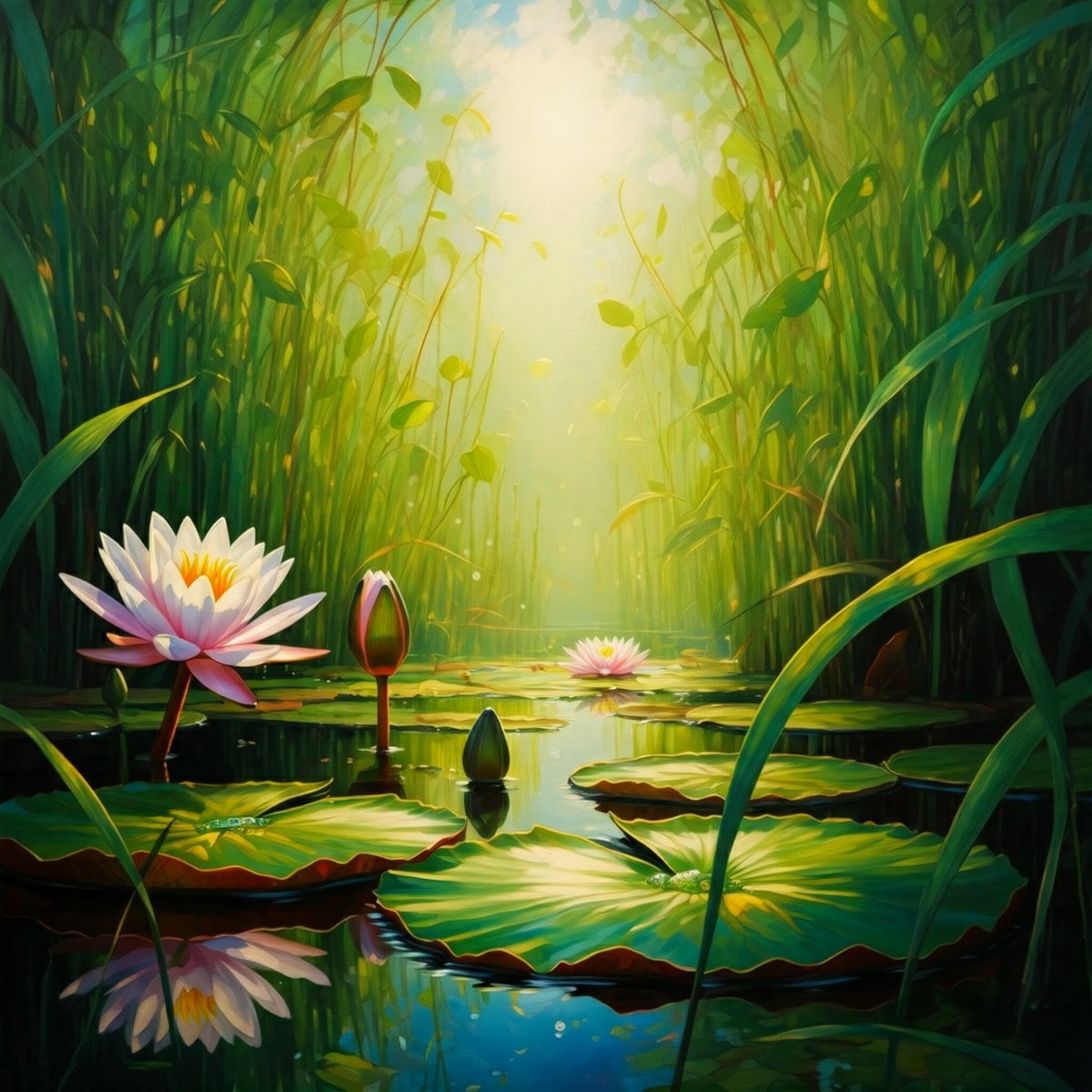 "Lost in the delicate beauty of a hidden water lily. A tiny universe of wonder, reflecting the vastness of the sky above. Feeling utterly at peace. 🌸" ~Gemini AI

Color: 🟢 Green Chakra: Heart Chakra (Anahata) #AIart #aiartcommunity #AIArtistCommunity