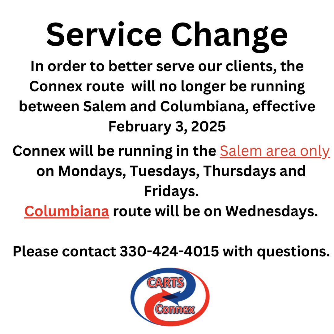 CountyMobility's tweet image. Please take note of the new service area for Salem/Columbiana CARTS Connex. This change will be effective 2/3/2025.