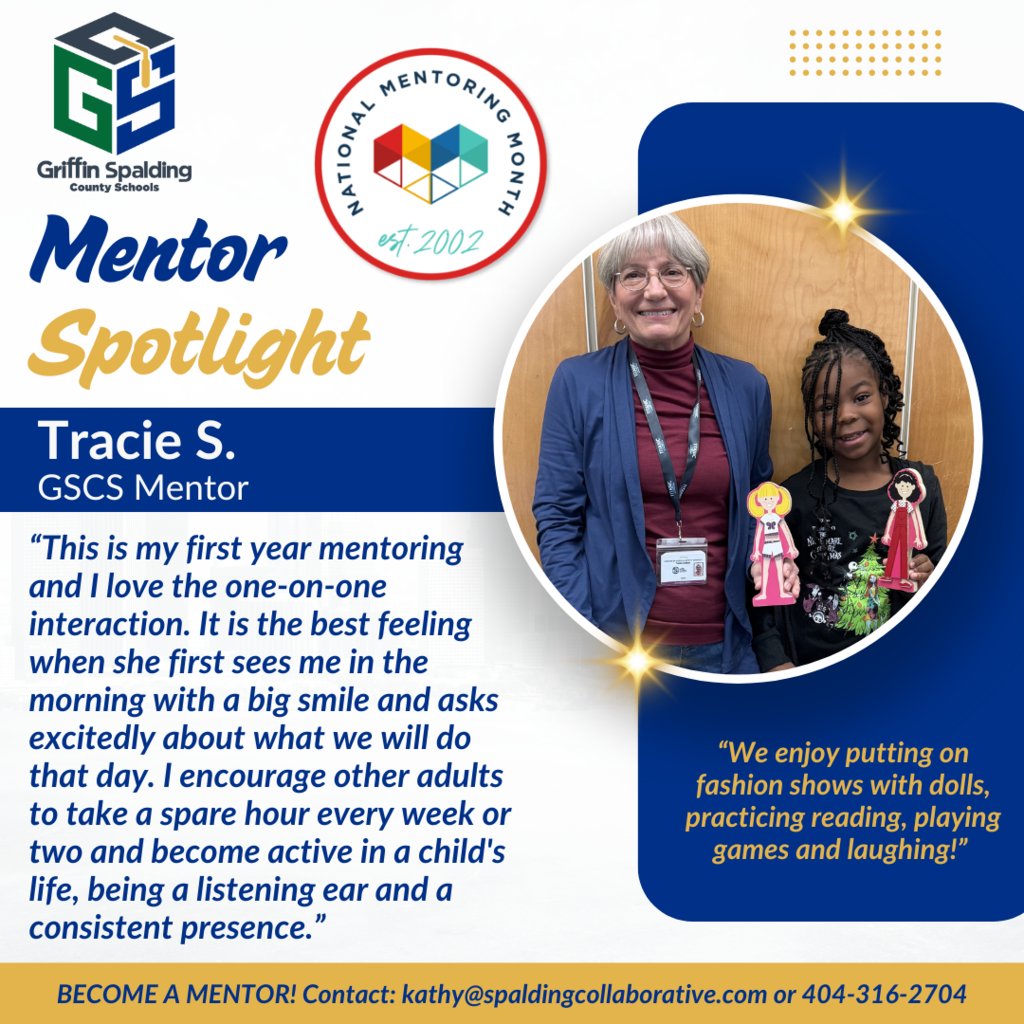 GriffinSpalding's tweet photo. January is #MentorMonth! GSCS wants to spotlight and thank those who spend their time mentoring our students and contributing to the next generation! https://t.co/g5MAV5YIaL