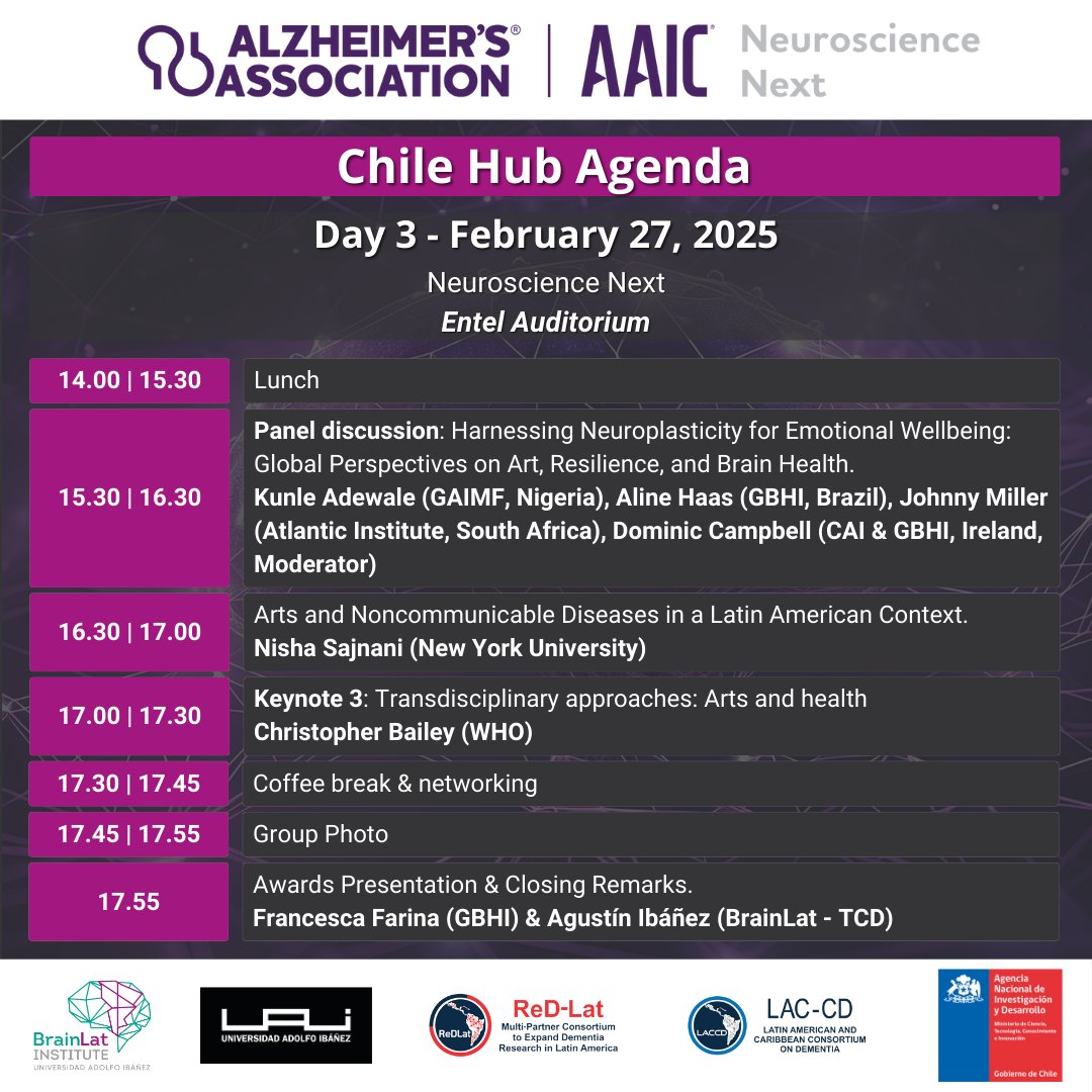 BrainlatUAI's tweet photo. Day 3 of AAIC Neuroscience Next 2025: Chile Hub is getting closer! Talks shaping the future of neuroscience in Latin America await you. 🔬
📅 February 27, 2025
📍 UAI, Errázuriz Campus, Santiago
🔗 Register now: https://t.co/deoegVNDI8
#AAICNeuro #BrainLat #ISTAART #Neurociencia https://t.co/JFZWjpZspl