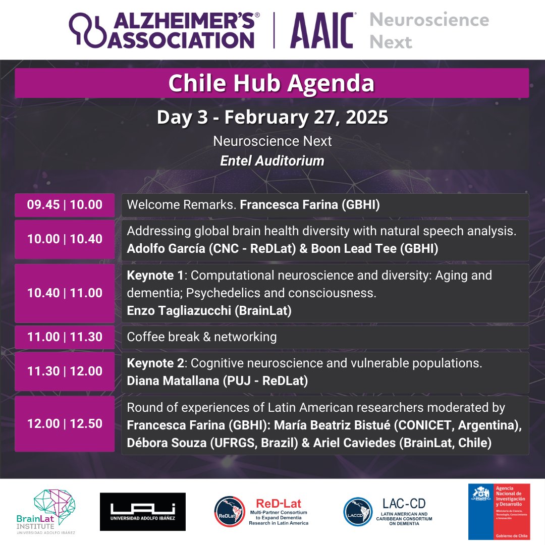 BrainlatUAI's tweet photo. Day 3 of AAIC Neuroscience Next 2025: Chile Hub is getting closer! Talks shaping the future of neuroscience in Latin America await you. 🔬
📅 February 27, 2025
📍 UAI, Errázuriz Campus, Santiago
🔗 Register now: https://t.co/deoegVNDI8
#AAICNeuro #BrainLat #ISTAART #Neurociencia https://t.co/JFZWjpZspl