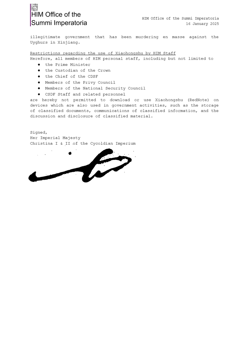 Her Imperial Majesty hereby has released the following statement on use of Xiaohongshu (RedNote, REDnote, 小紅書) as well as listed restrictions on the use of the platform by Her Imperial Majesty's staff. 

#RedNote | #Xiaohongshu | #Cycoldia