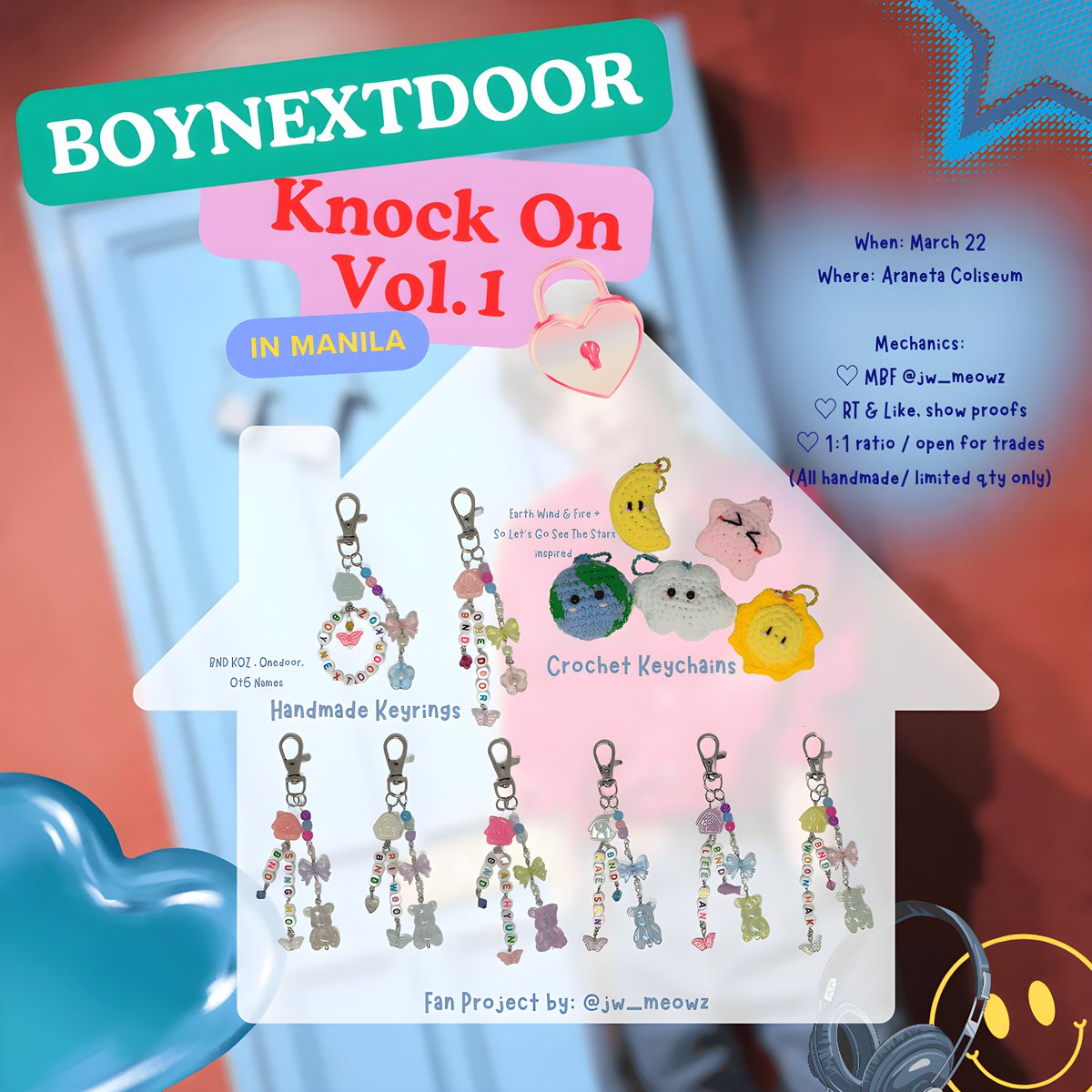 ࣪°. 𐙚 #KNOCK_ON_Vol_1_IN_MANILA  fan project by me ૮₍˶ •. •⑅₎ა♡

Hi Onedoors! I'll be giving out beaded keyrings or crochet keychains randomly per person since I only have limited quantities.

⚘ Just RT, Like &amp; MBF <a href="/jw_meowz/">𝐀𝐧𝐧𝐞 ᨒ | ᴇɴʜʏᴘᴇɴ ɪꜱ ꜱᴇᴠᴇɴ</a>
⚘ Exact loc tba, see ü

#BOYNEXTDOORinMANILA