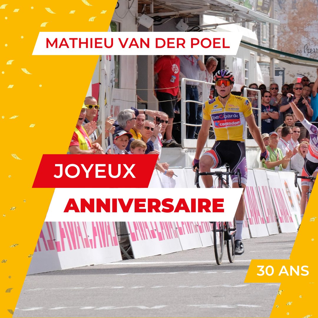 Les Boucles souhaitent un joyeux anniversaire à <a href="/mathieuvdpoel/">Mathieu Van der Poel</a>  qui célèbre ses 30 ans aujourd’hui 🎂

Vainqueur des Boucles en 2017 et en 2018, il compte 3 victoires d'étapes sur notre épreuve 💪🏻

#mayenne #vanderpoel #cyclisme #cycling  #cyclinglife #cyclingfans