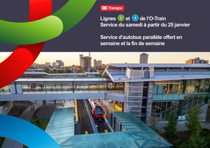 Vue aérienne de l'O-Train à une station. Lignes 2 et 4 de l'O-Train. Service du samedi à partir du 25 janvier. Service d’autobus parallèle offert en semaine et la fin de semaine. 