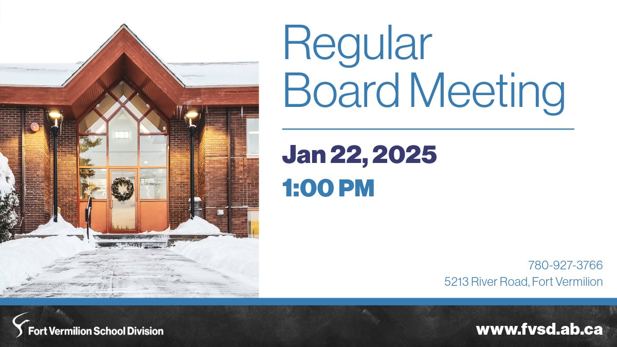 📅 Board Meeting: Nov 27, 2024 | Public meeting begins at 1 PM at Division Central Office. Community members are welcome to attend in person, contact Darlene Bergen, Exec. Assistant to the Superintendent of Schools, at 780-927-3766.

🔗 bit.ly/3UjKL4K  

#fvsdeducation