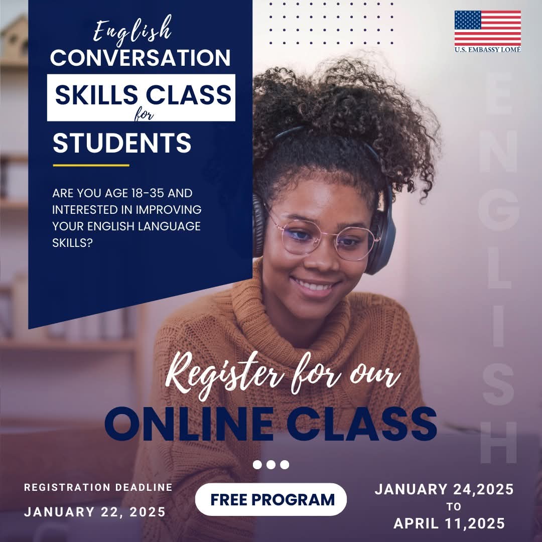 U.S. Embassy Togo (@usembassylome) on Twitter photo Vous avez entre 18 et 35 ans et vous souhaitez améliorer vos compétences en anglais ? Rejoignez notre cours de conversation du 24 janvier 2025 au 11 avril 2025. Inscrivez vous au plus tard le 22 janvier 2025 via tinyurl.com/frpayxh3 1/4 Vous avez entre 18 et 35 ans et vous souhaitez améliorer vos compétences en anglais ? Rejoignez notre cours de conversation du 24 janvier 2025 au 11 avril 2025. Inscrivez vous au plus tard le 22 janvier 2025 via tinyurl.com/frpayxh3 1/4