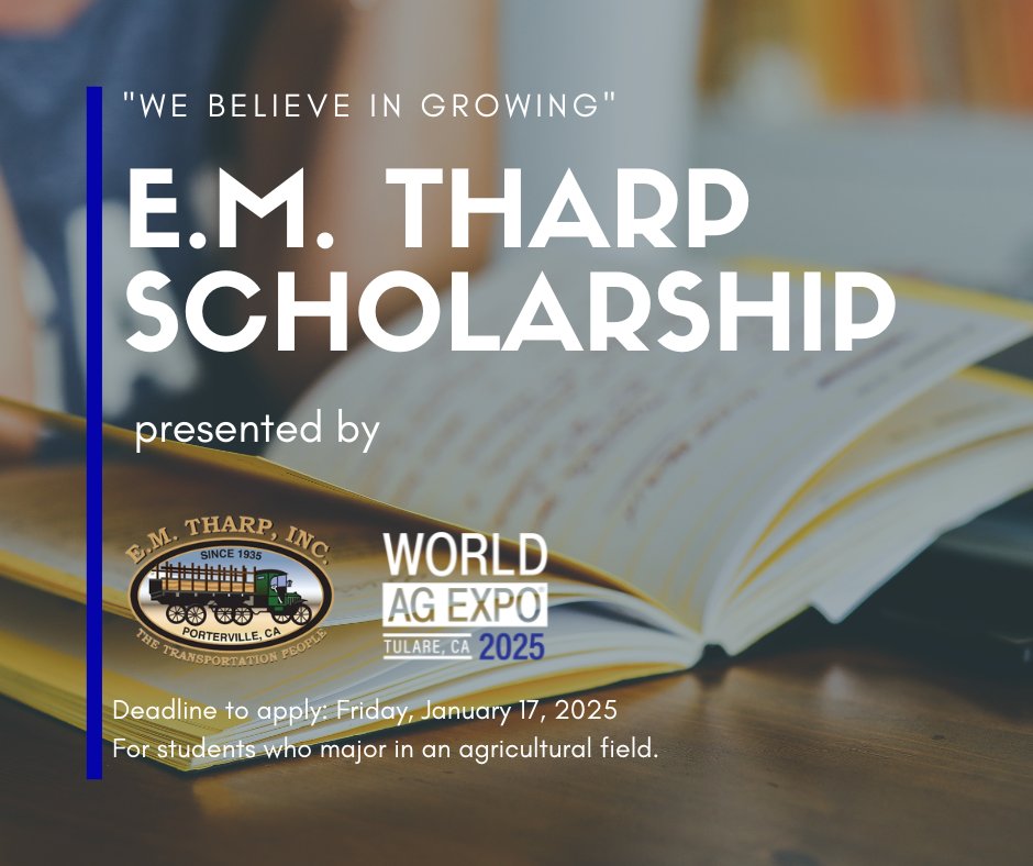Scholarship Deadline: TOMORROW! Tomorrow is your last chance to apply for the 2025 We Believe in Growing Scholarship, presented by E.M. Tharp and World Ag Expo®! 

🔗 Apply here: bit.ly/WAEScholarship.