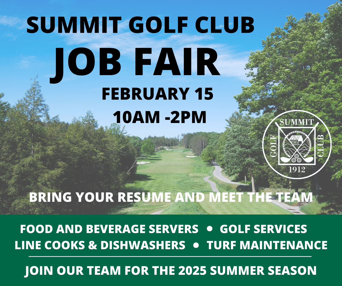 Know anyone looking for a summer job? Help us spread the word! Summit’s job fair is February 15th from 10am-2pm. Positions available in all departments ⛳️